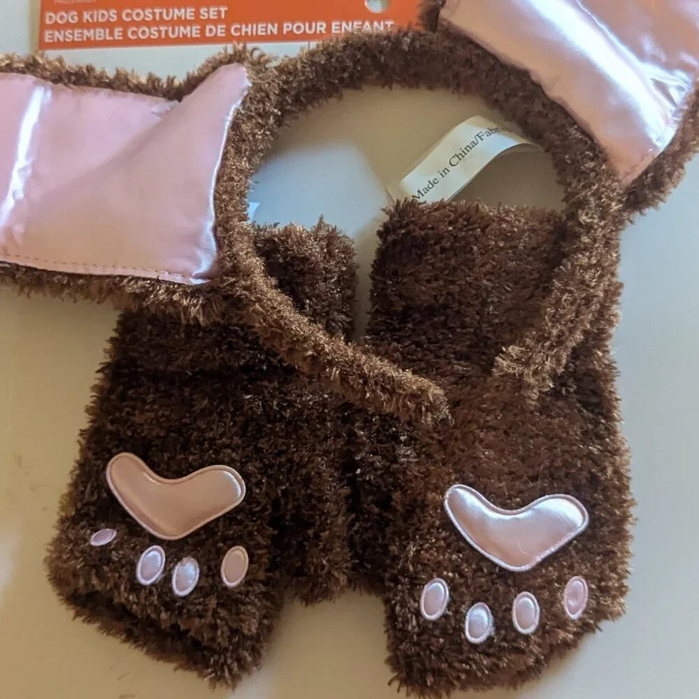 NWT Fuzzy Brown Dog Halloween Costume Bendy Ears Headband Gloves Kids Michael's
